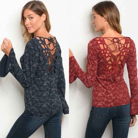 CROCHET LACE UP BACK BELL SLEEVE BLOUSE in NAVY - Picture 4 of 5